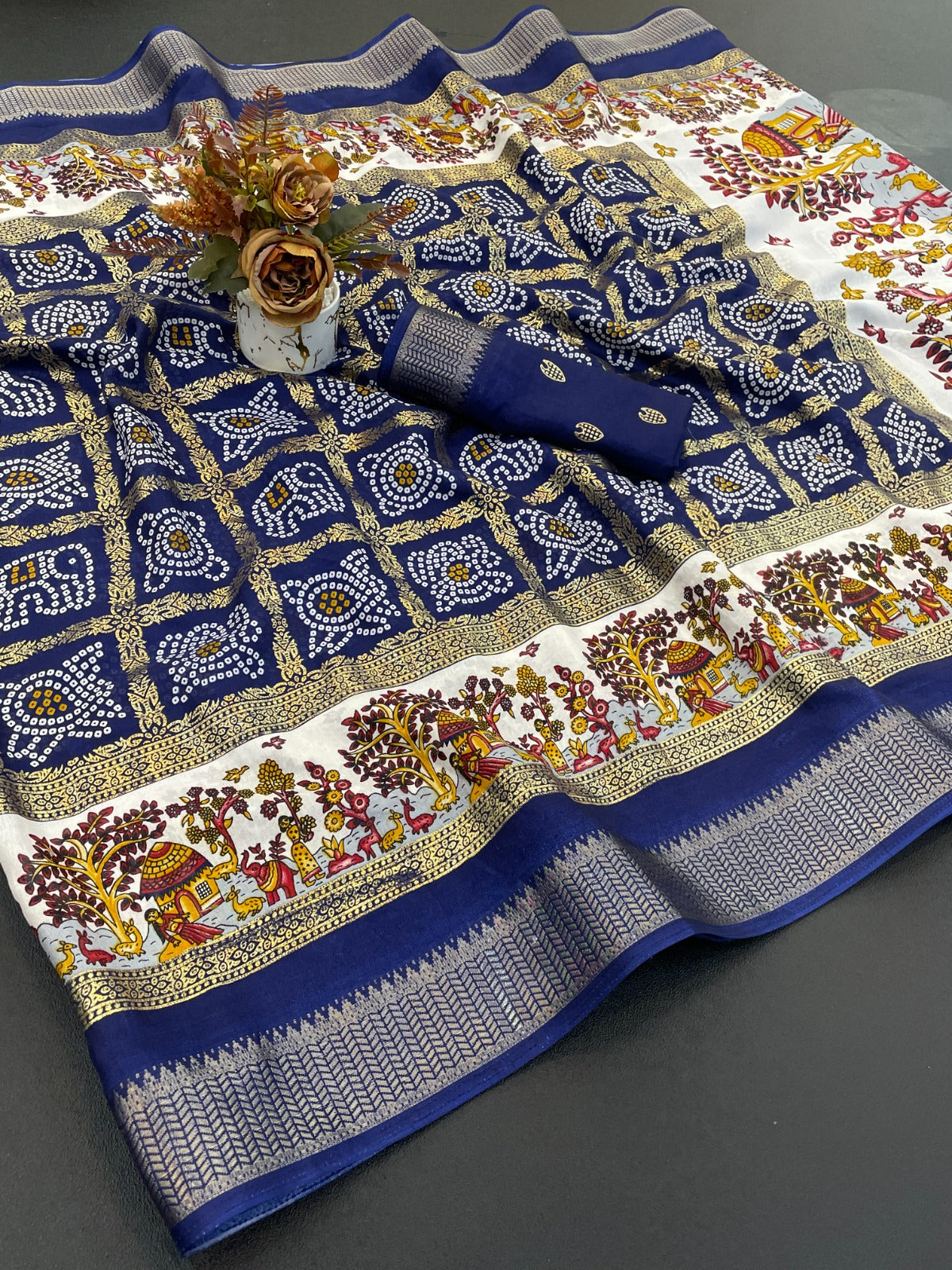 Dola Silk Jacquard Border Bandhni Printed Saree