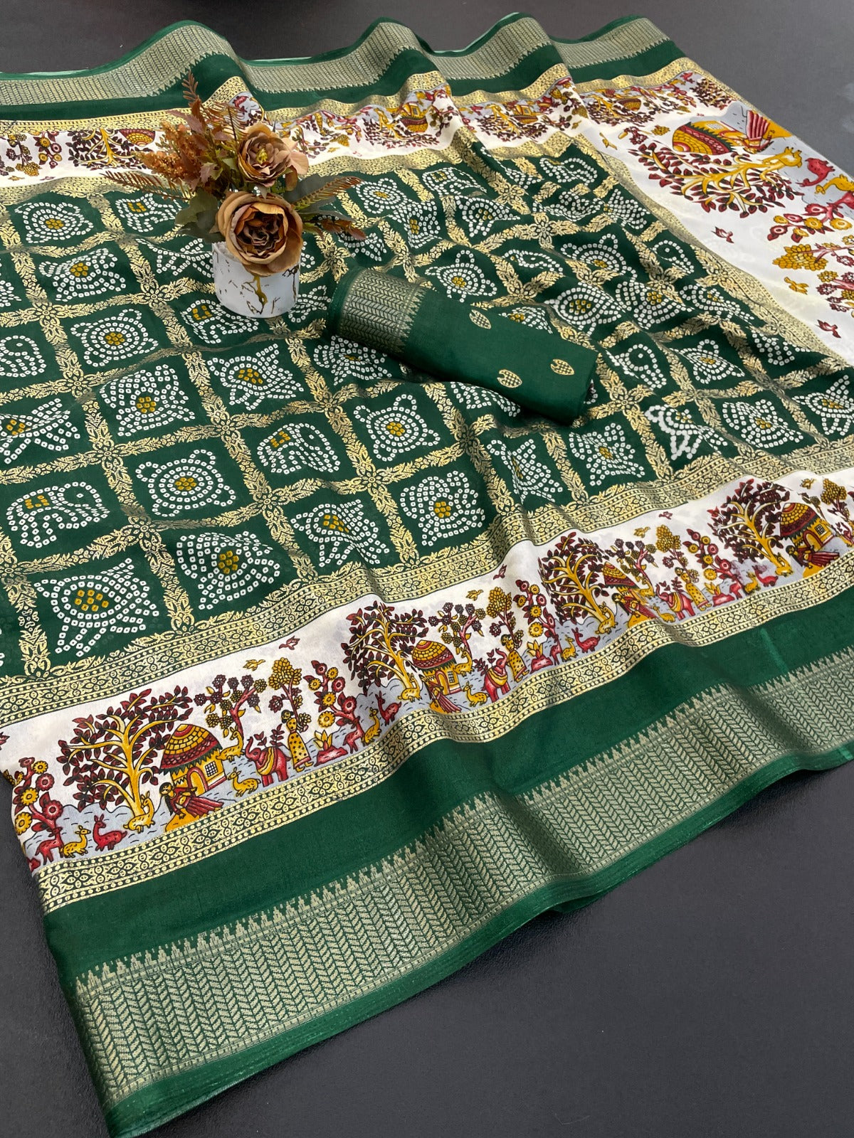 Dola Silk Jacquard Border Bandhni Printed Saree