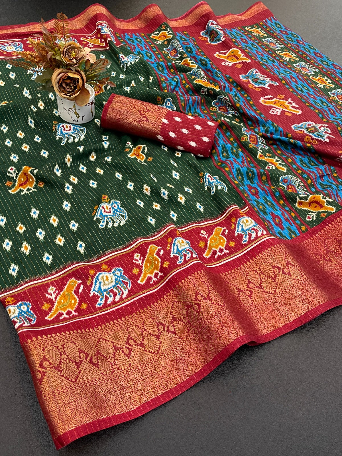 Dola Jequard Border Warli Digital printed saree with Bandhani printed