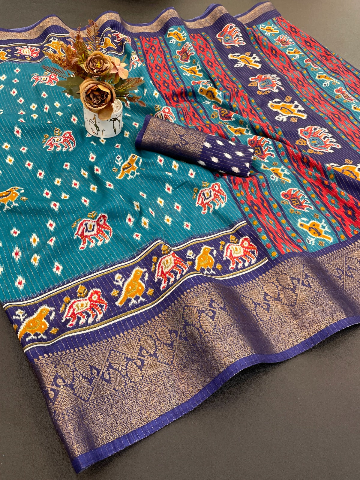Dola Jequard Border Warli Digital printed saree with Bandhani printed