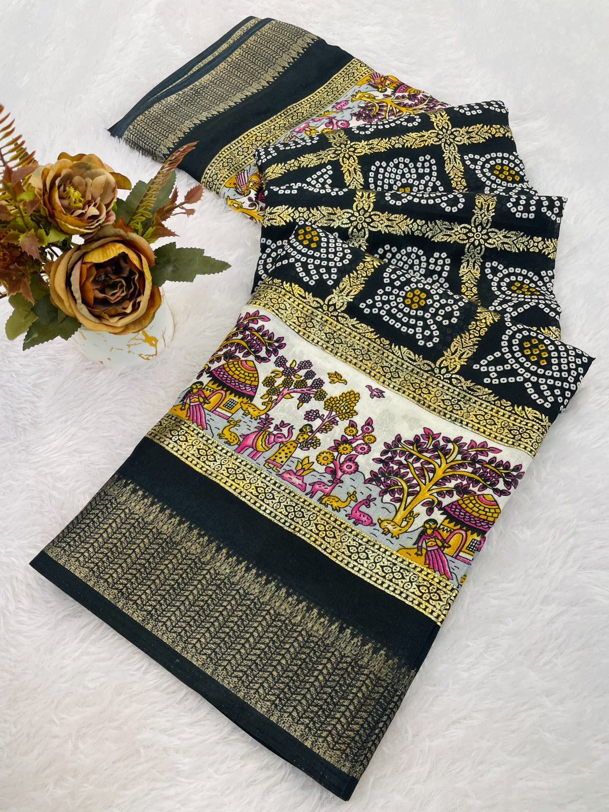 Dola Silk Jacquard Border Bandhni Printed Saree