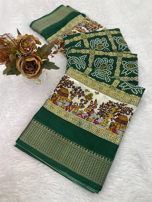 Dola Silk Jacquard Border Bandhni Printed Saree