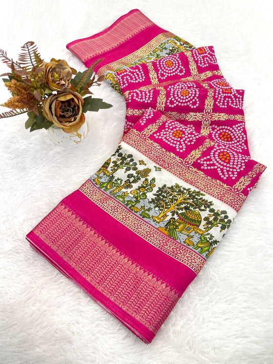 Dola Silk Jacquard Border Bandhni Printed Saree