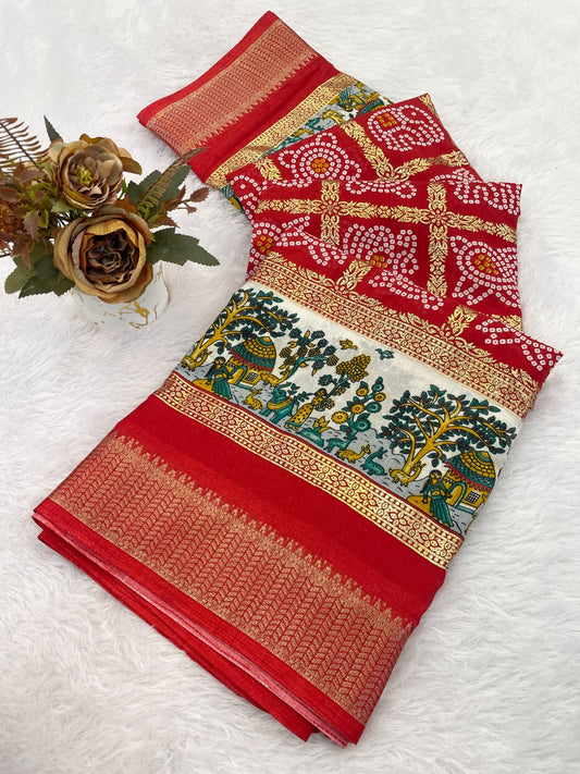 Dola Silk Jacquard Border Bandhni Printed Saree