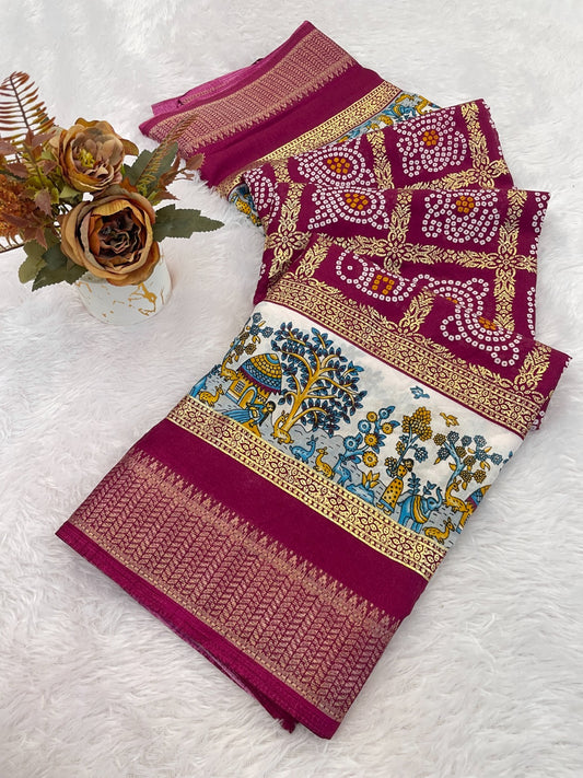 Dola Silk Jacquard Border Bandhni Printed Saree