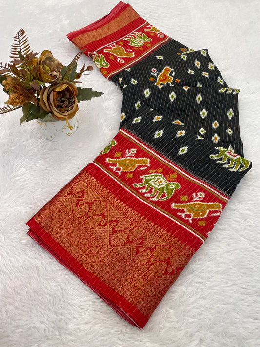 Dola Jequard Border Warli Digital printed saree with Bandhani printed