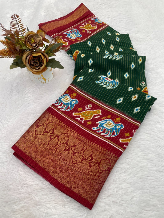 Dola Jequard Border Warli Digital printed saree with Bandhani printed