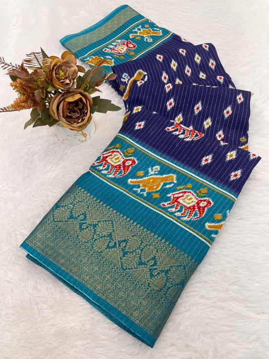 Dola Jequard Border Warli Digital printed saree with Bandhani printed