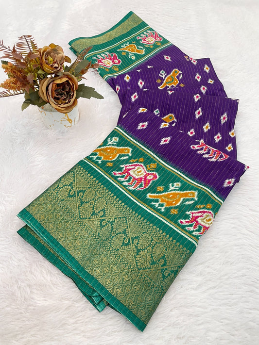 Dola Jequard Border Warli Digital printed saree with Bandhani printed