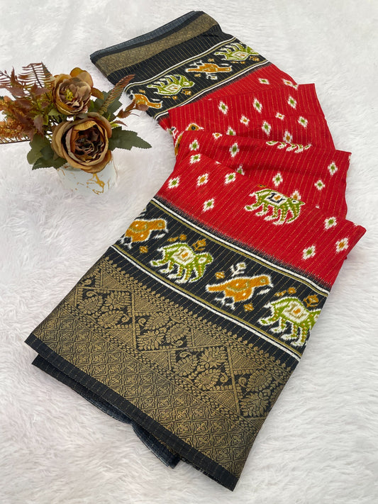 Dola Jequard Border Warli Digital printed saree with Bandhani printed