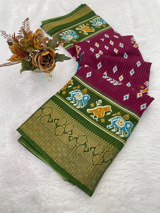 Dola Jequard Border Warli Digital printed saree with Bandhani printed