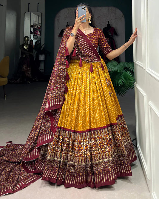 Elegant Tussar Silk Lehenga Choli with Bandhani & Patola Print