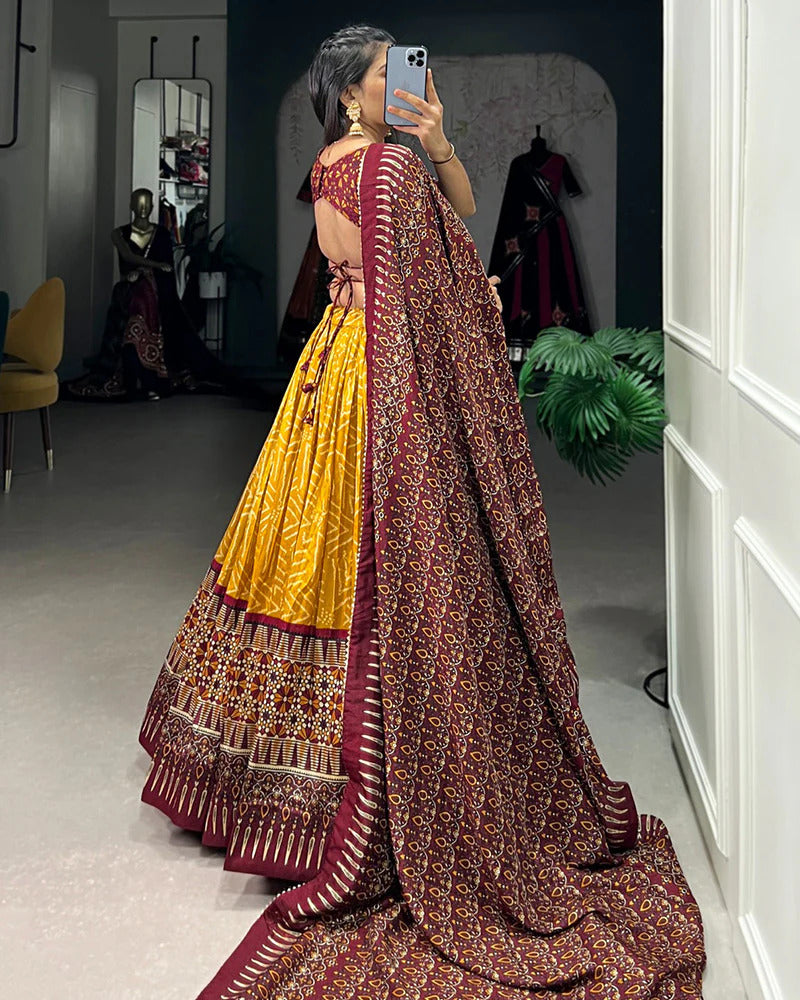 Elegant Tussar Silk Lehenga Choli with Bandhani & Patola Print