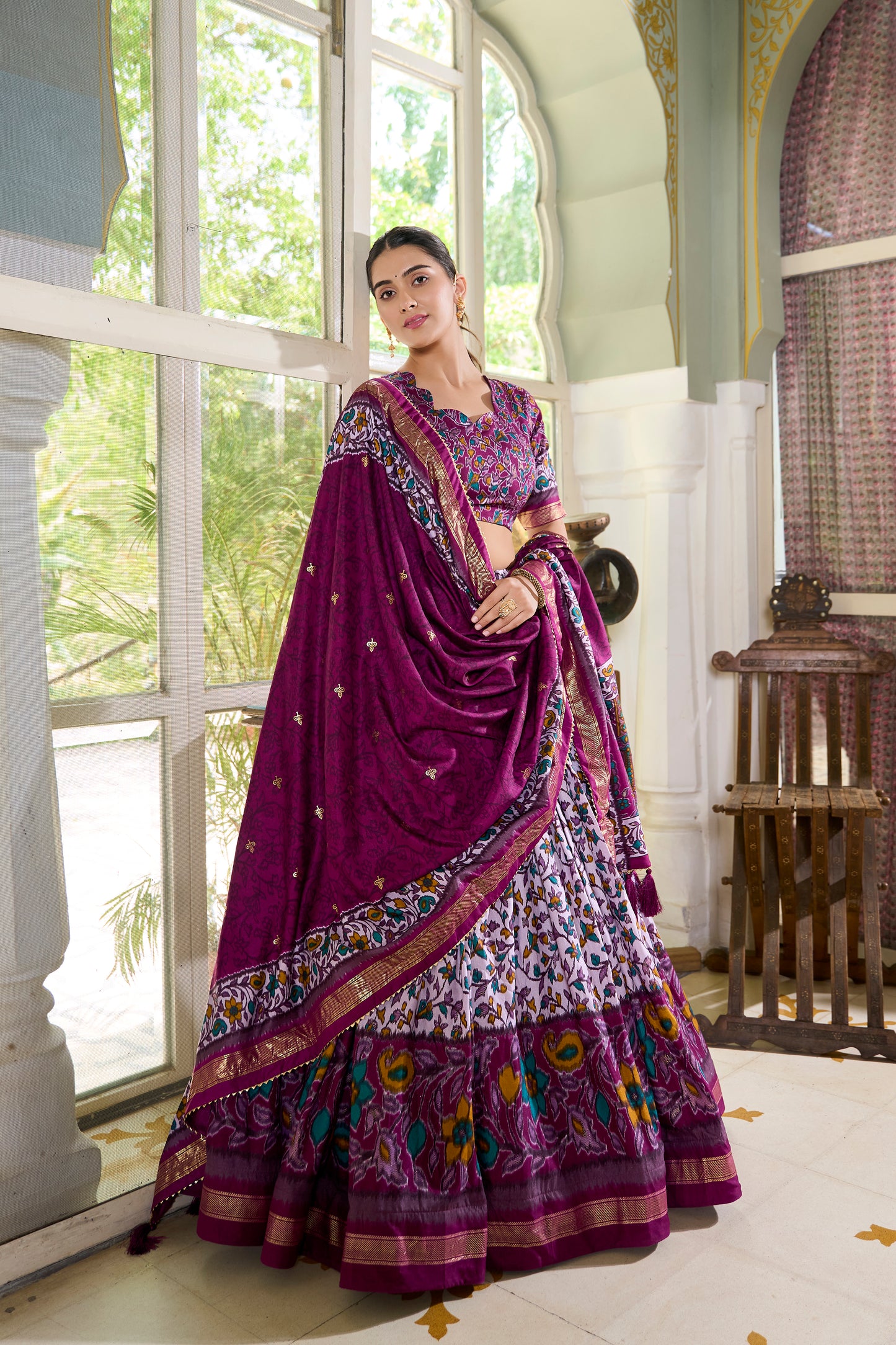Women's Collection Tusser Silk Lehenga Choli Flower Print with Foil Work With Unstitched Blouse