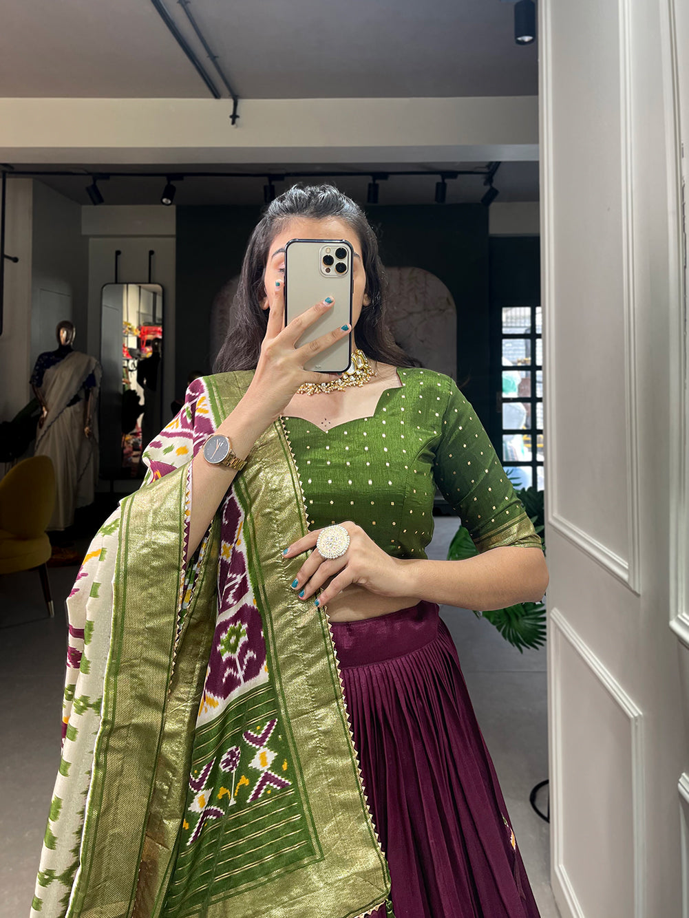 Patola Printed Foil Work Tussar Silk Lehenga Choli