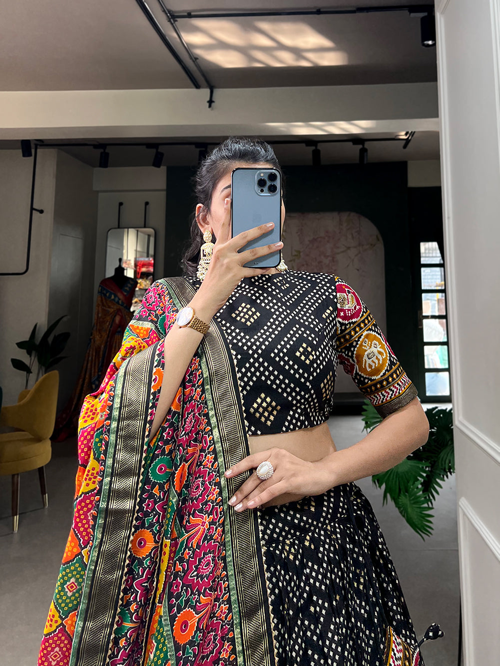 New Tussar Silk Bandhej And Patola Print With Foil Work Lehenga Choli