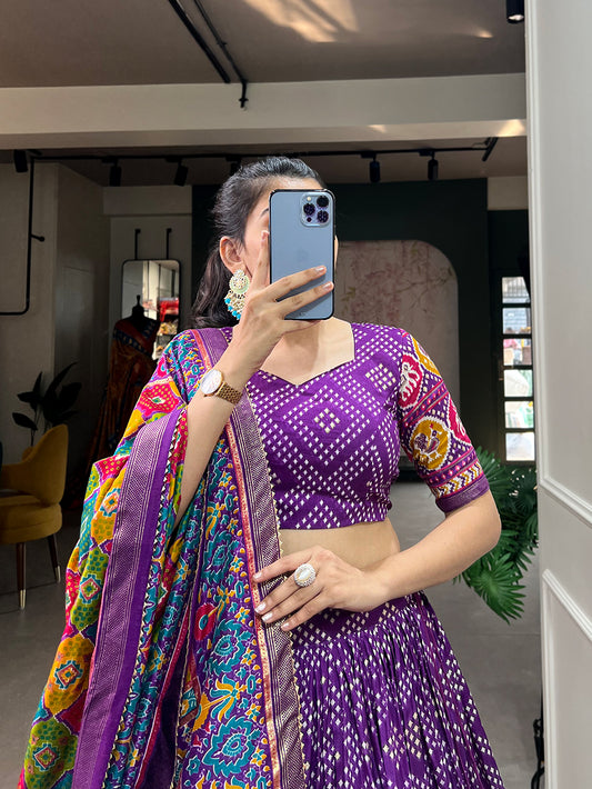 New Tussar Silk Bandhej And Patola Print With Foil Work Lehenga Choli