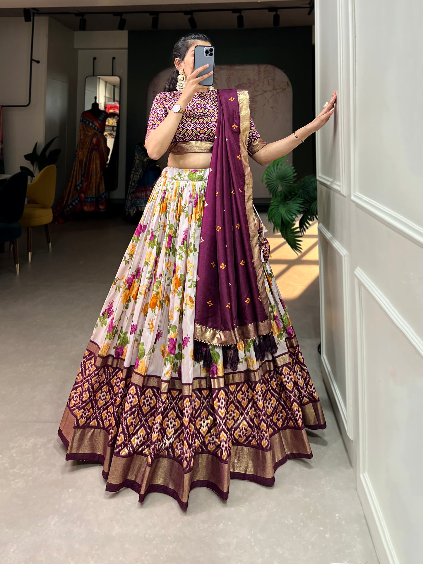 Women,s Tussar Silk With Patola And Foil Print Lehenga choli Set