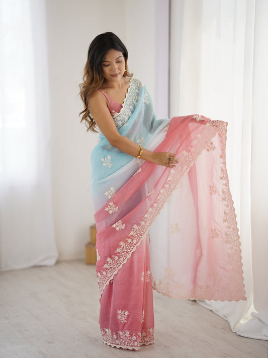 Pastel Party Wear Designer Stitched Saree with Blouse