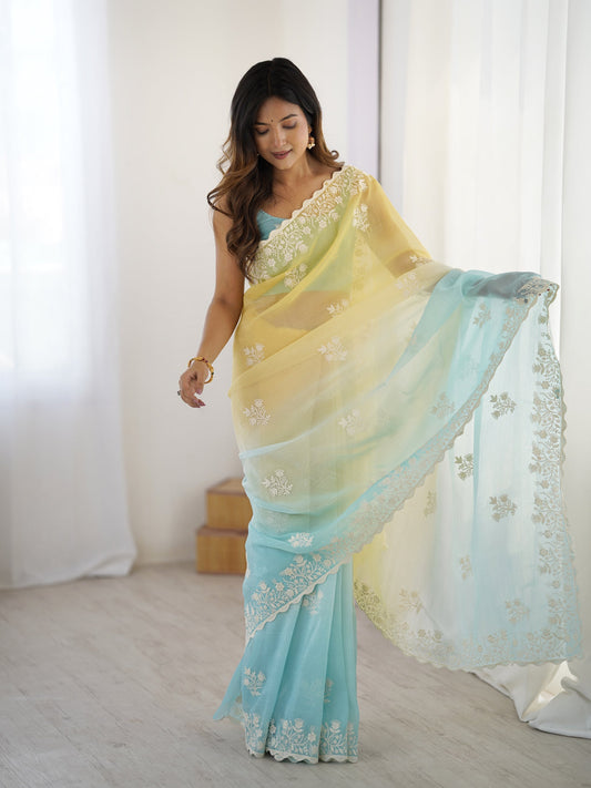 Pastel Party Wear Designer Stitched Saree with Blouse