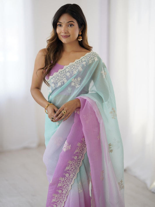 Pastel Party Wear Designer Stitched Saree with Blouse