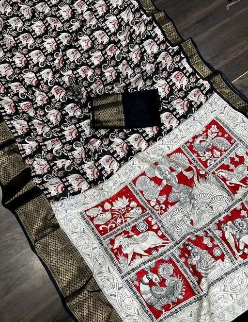 Dola Silk Saree with Kalamkari Print & Zari Border