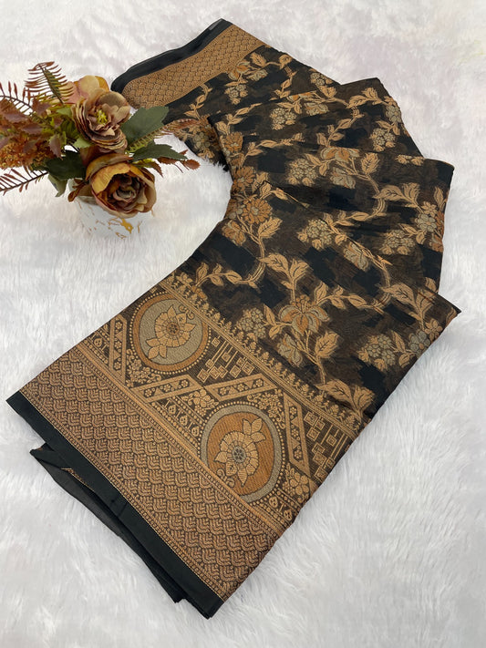 Organza banarasi kanjivaram look designer silk rich pallu saree