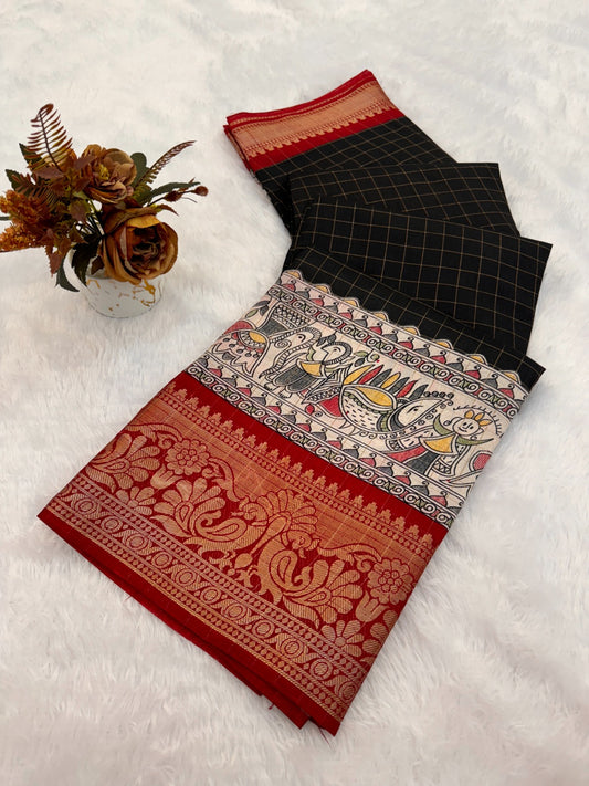DOLA SILK CHECKES WARLI PRINT WITH JACQUARD BORDER