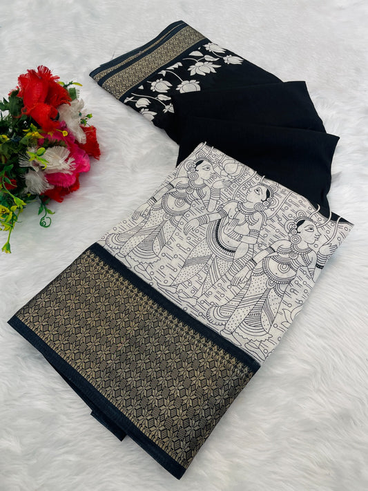 Royal Dola Silk Kalamkari Saree with Heavy Jacquard Border – Premium Ethnic Wear!