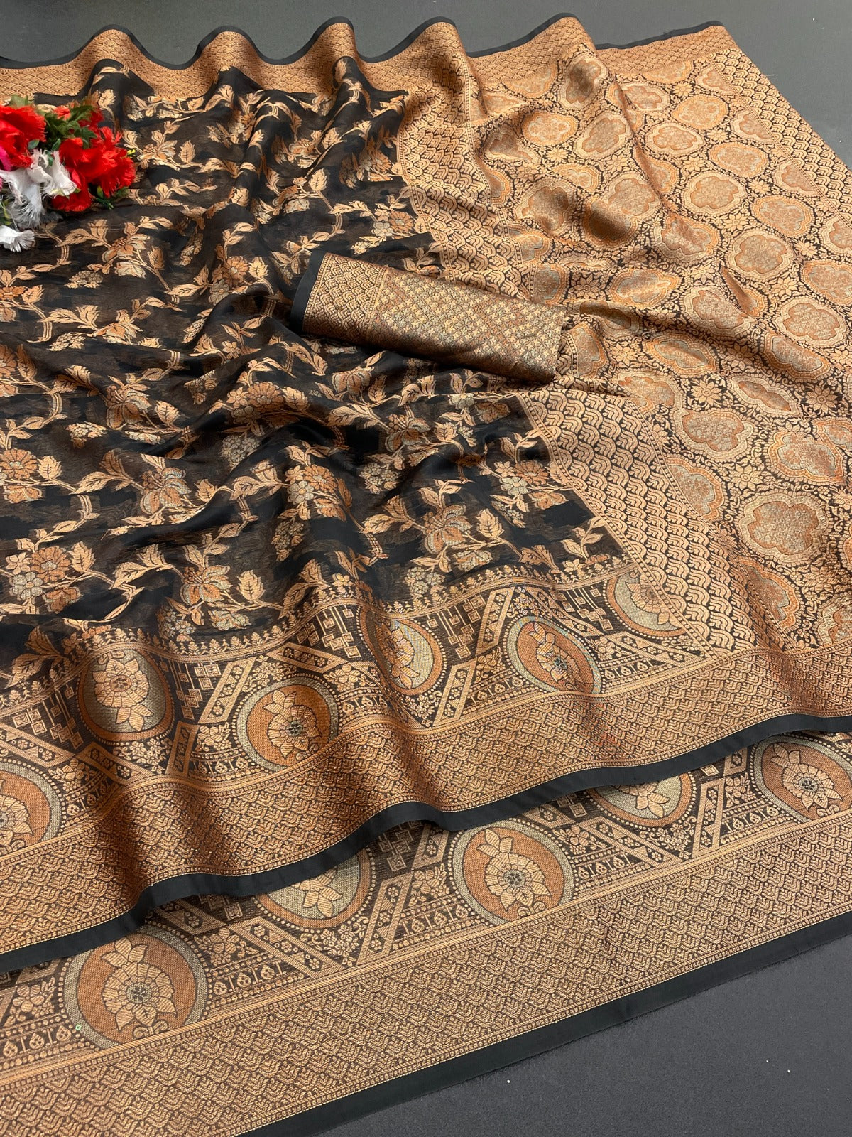 Organza banarasi kanjivaram look designer silk rich pallu saree