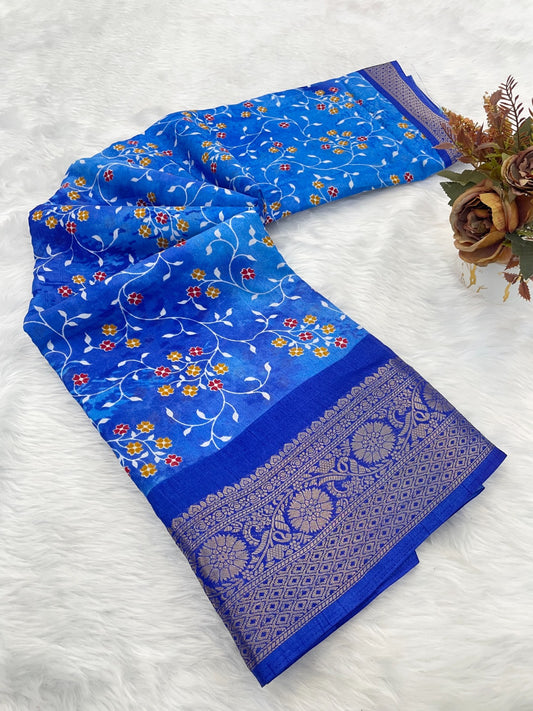 Dola Silk Jaquard Border Printed Saree With Blouse