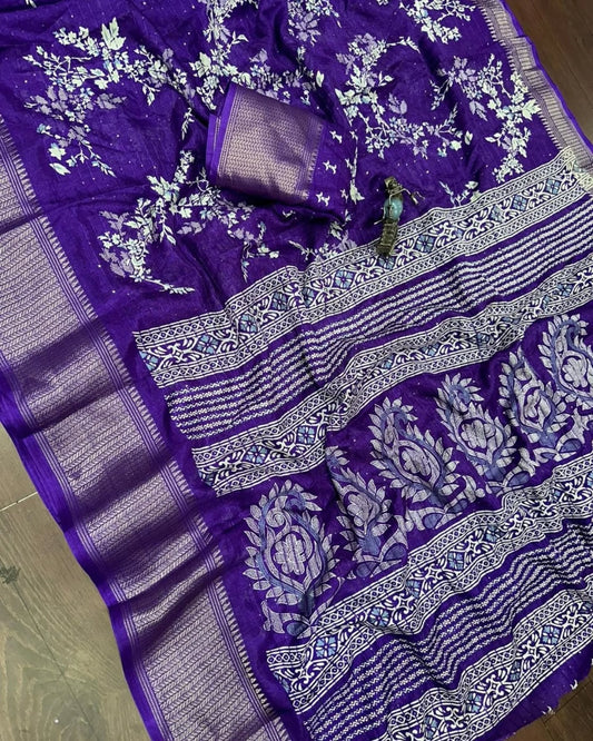Beautiful dola silk sarees with all over floral design along with contrast weaving border