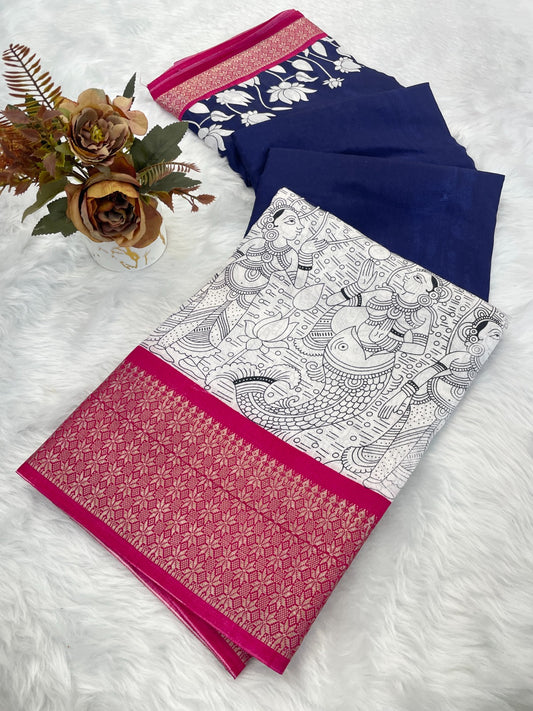 Royal Dola Silk Kalamkari Saree with Heavy Jacquard Border – Premium Ethnic Wear!