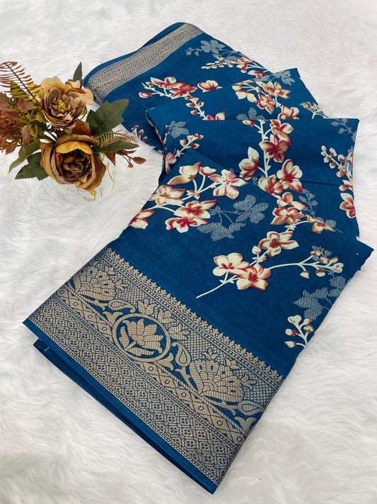 A beautiful dola silk saree with flowers print and weaving border saree