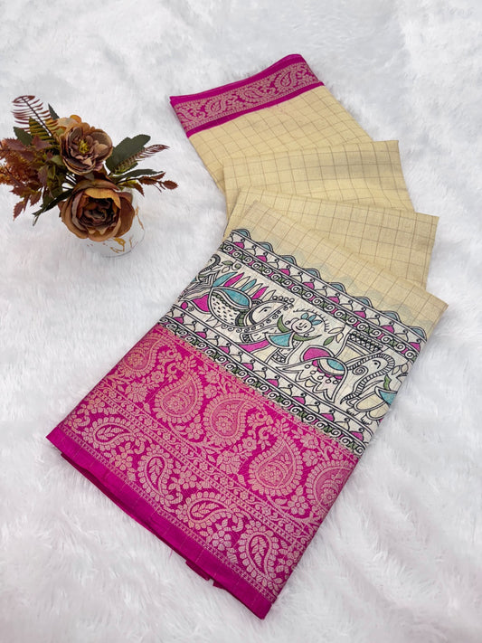 DOLA SILK CHECKES WARLI PRINT WITH JACQUARD BORDER