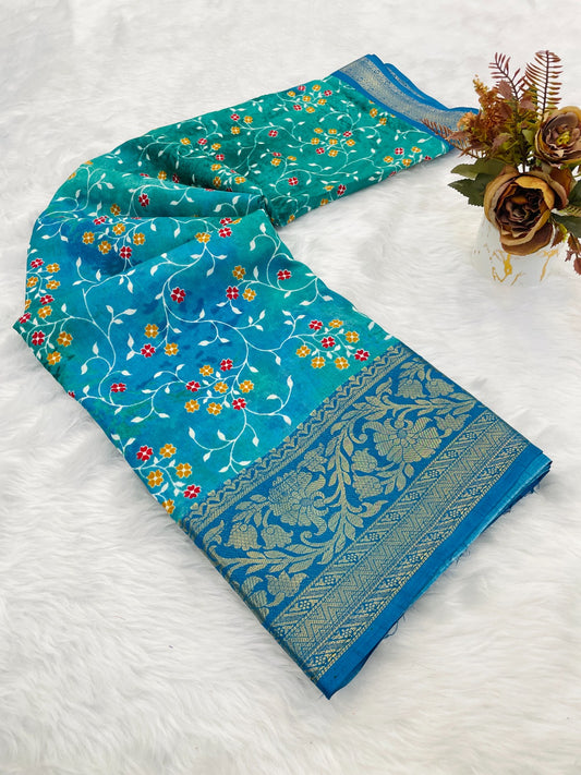 Dola Silk Jaquard Border Printed Saree With Blouse