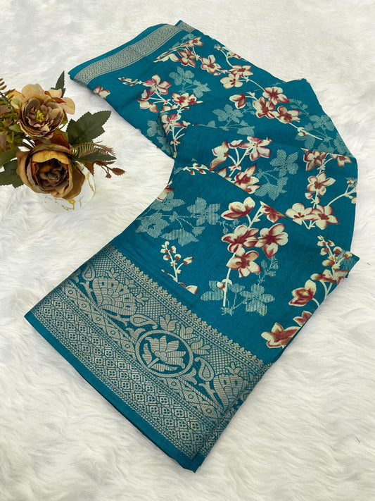 A beautiful dola silk saree with flowers print and weaving border saree
