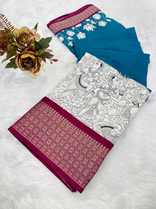 Royal Dola Silk Kalamkari Saree with Heavy Jacquard Border – Premium Ethnic Wear!