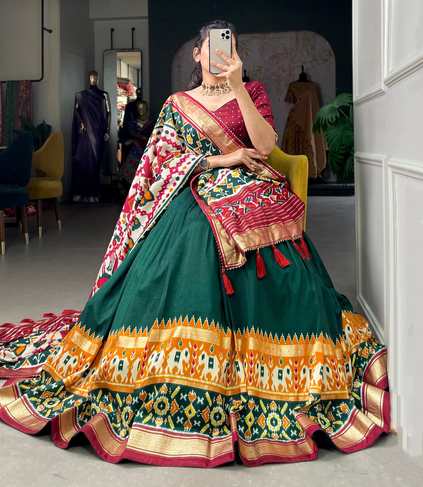 Patola Printed Foil Work Tussar Silk Lehenga Choli