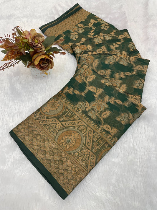 Organza banarasi kanjivaram look designer silk rich pallu saree