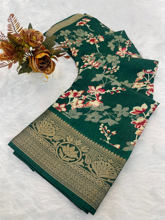 A beautiful dola silk saree with flowers print and weaving border saree