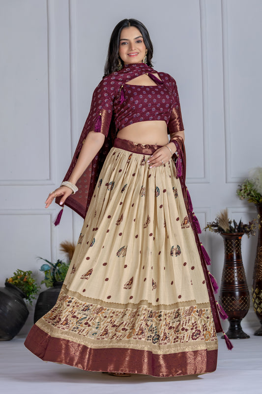 Embroidered Jacquard Lehenga Set With Dupatta