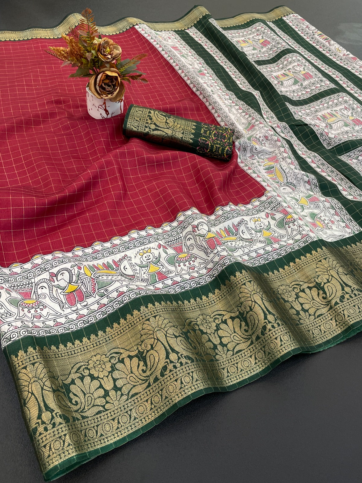 DOLA SILK CHECKES WARLI PRINT WITH JACQUARD BORDER