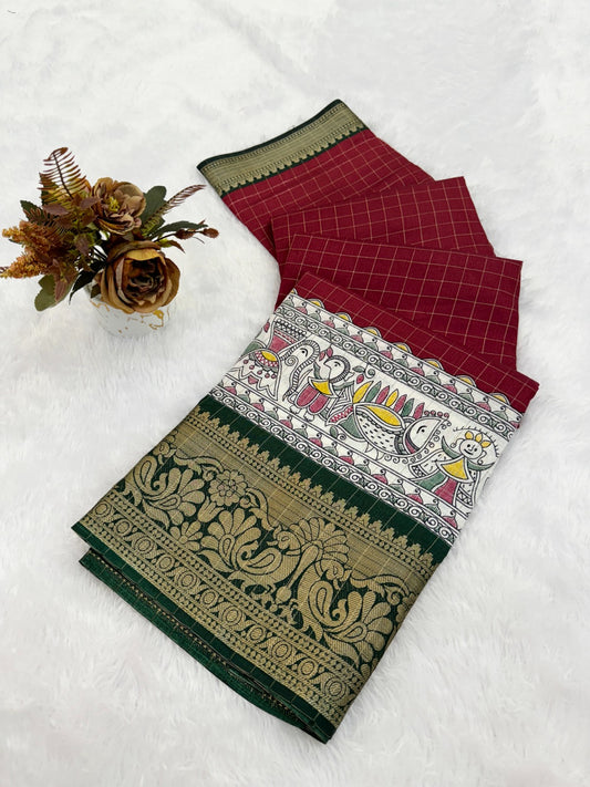 DOLA SILK CHECKES WARLI PRINT WITH JACQUARD BORDER