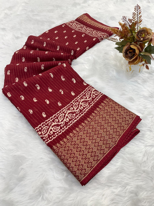 Dola Silk Jaquard Border Printed Saree With Blouse