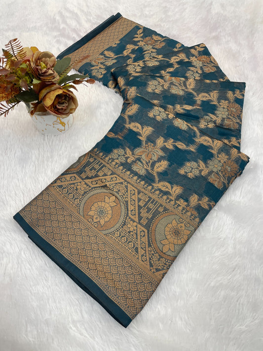 Organza banarasi kanjivaram look designer silk rich pallu saree