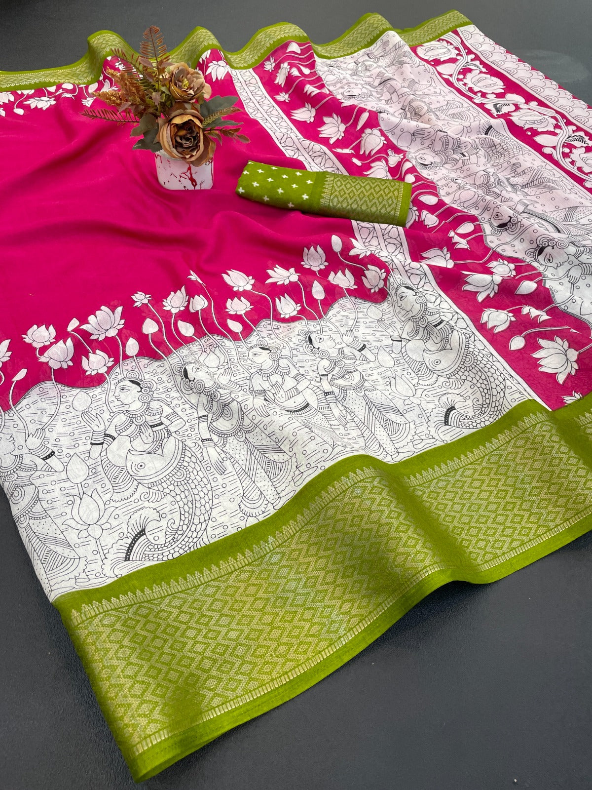 Royal Dola Silk Kalamkari Saree with Heavy Jacquard Border β Premium Ethnic Wear!