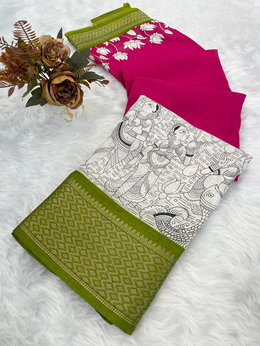 Royal Dola Silk Kalamkari Saree with Heavy Jacquard Border – Premium Ethnic Wear!