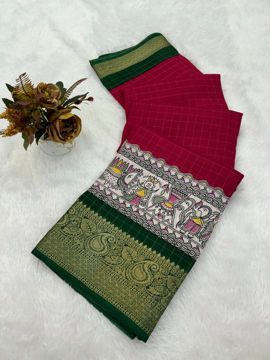 DOLA SILK CHECKES WARLI PRINT WITH JACQUARD BORDER