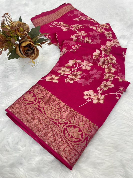 A beautiful dola silk saree with flowers print and weaving border saree